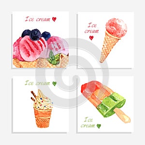Ice cream watercolor icons composition banner