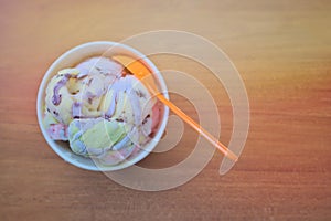 Ice cream on a wooden table