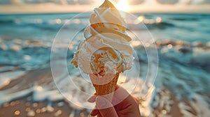 Ice creams on beach and shells with ocean landscape