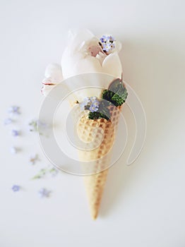 Ice creams immitation in waffle cone decorated mint leaves and flowers. Peonies flower in waffle cone with mint leaves.