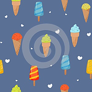 Ice creams seamless pattern. Summer holidays with popsicles, ice cream cones frozen dessert. Cartoon sweet food vector