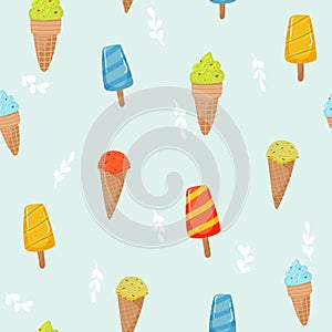 Ice creams seamless pattern. Summer holidays with popsicles, ice cream cones frozen dessert. Cartoon sweet food vector