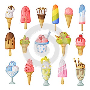 Ice Creams Set, Sweet Tasty Desserts, Different Flavors, Cones, Sprinkles, Toppings Collection Cartoon Vector