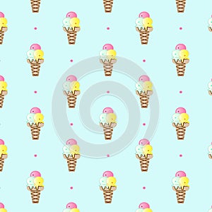 Ice-creams in a waffle cup pattern on blue background