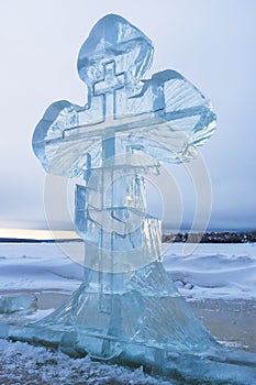 Ice cross in winter. Epiphany Orthodox holiday on a place of ice-hole swimming