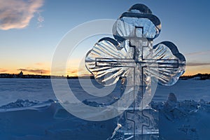 Ice cross in winter. Epiphany Orthodox holiday on a place of ice-hole swimming