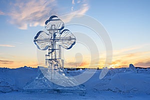 Ice cross in winter. Epiphany Orthodox holiday on a place of ice-hole swimming