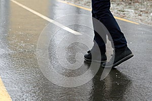 Ice crusted ground, a man walking on a slippery street
