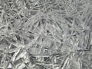 Ice crystal sheet closeup formed over creek