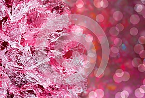 Ice crystals with bokeh, pink, background. Close up