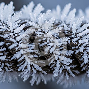Ice crystals form intricate delicate patterns on a textured dark brown