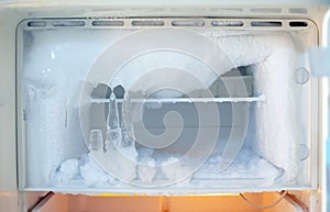 Ice crystals icebox freezer in refrigerator