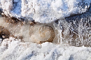 Ice crystals under melting snow stream