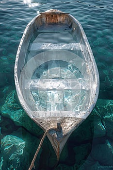 An ice cube in a boat floating on the sea. Ice in a boat in the ocean