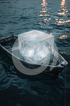 An ice cube in a boat floating on the sea. Ice in a boat in the ocean