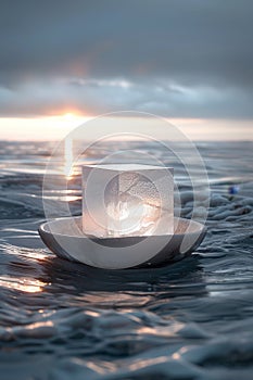 An ice cube in a boat floating on the sea. Ice in a boat in the ocean