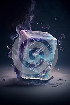 Ice cube with falling ice cubes on dark background. 3D rendering