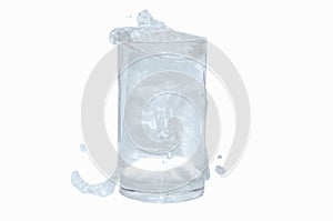 Ice cube falling to water in glass on white background