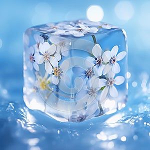Ice cube with forget-me-not flowers on blue background. Close-up illustration. Generative AI