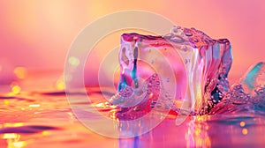 An ice cube in the rainbow lighting. Multicolor