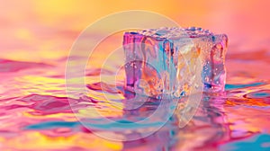 An ice cube in the rainbow lighting. Multicolor