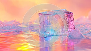 An ice cube in the rainbow lighting. Multicolor
