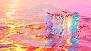 An ice cube in the rainbow lighting. Multicolor
