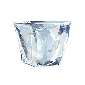 Ice cube in the shape of a trapezoid. Watercolor illustration. Ingredient for cold alcoholic drinks. Frozen water. For