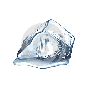Ice cube in the shape of a trapezoid. Watercolor illustration. Ingredient for cold alcoholic drinks. Frozen water. For