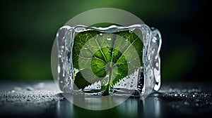 Ice cube slowly melting on a green leaf