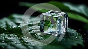 Ice cube slowly melting on a green leaf