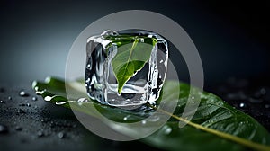 Ice cube slowly melting on a green leaf