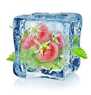 Ice cube and strawberry isolated photo