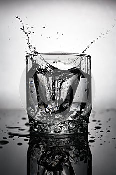 An ice cube is thrown into a glass of water