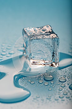 Ice cube with water drops on a blue background. The ice is melting