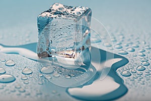 Ice cube with water drops on a blue background. The ice is melting