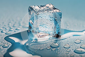 Ice cube with water drops on a blue background. The ice is melting