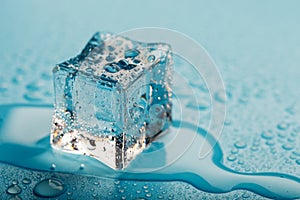 Ice cube with water drops on a blue background. The ice is melting