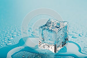 Ice cube with water drops on a blue background. The ice is melting