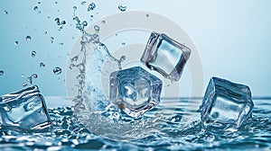 ice cube and water splash on blue background. Refreshment Concept