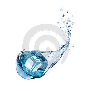 Ice cube with water splashes isolated on white background