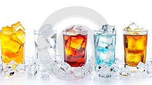 Ice cubes around glasses with drinks isolated on white background. Generative Ai