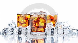 Ice cubes around glasses with drinks isolated on white background. Generative Ai