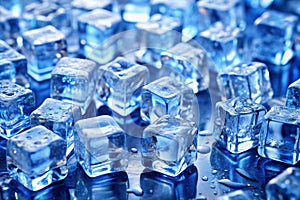 Ice cubes background with blue light