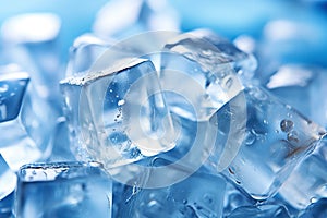 Ice cubes background for summer, pile of frozen icecubes in blue light