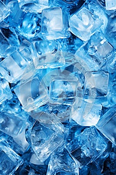 Ice cubes background for summer, pile of frozen icecubes in blue light photo