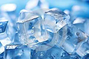 Ice cubes background for summer, pile of frozen icecubes in blue light photo