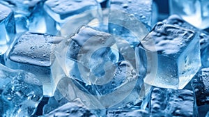 Ice cubes on blue background. Selective focus. Shallow depth of field