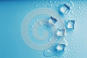 Ice cubes with drops of melt water water on a blue background, top view.