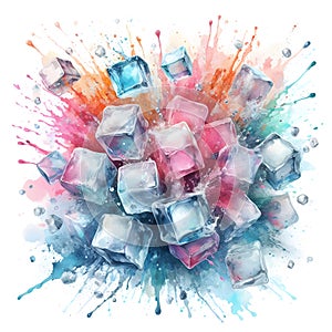 Ice cubes exploding creating a colorful splash